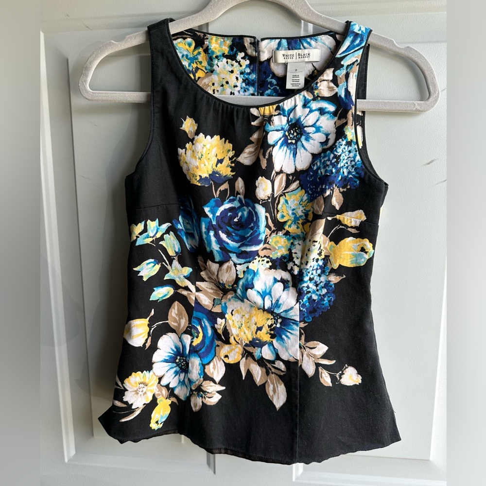 White House Black Market Floral Tank Top Black Blue Yellow